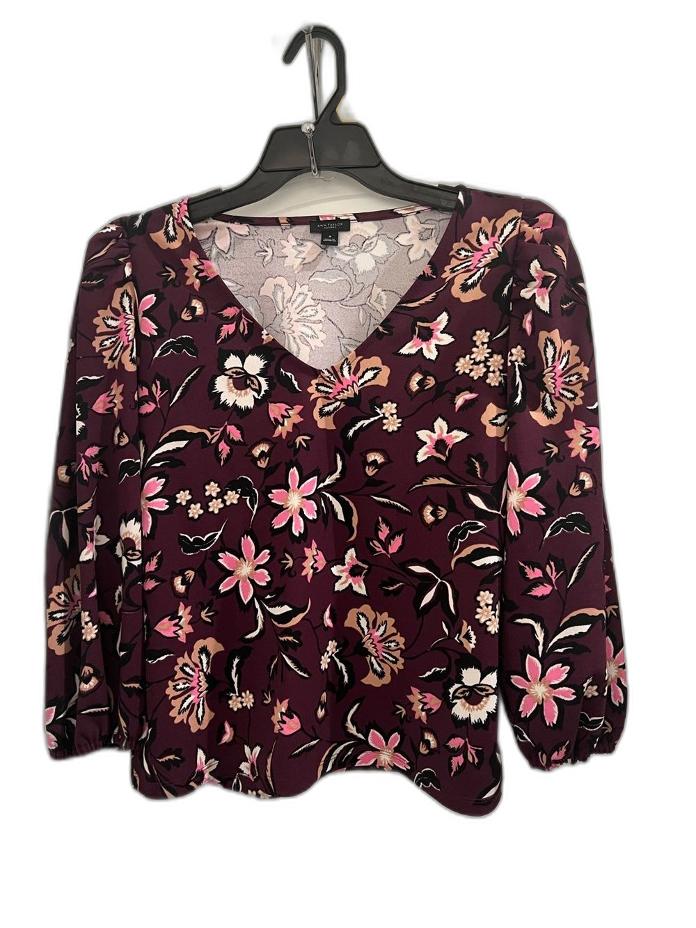 Ann Taylor Factory Women’s Medium Floral V-Neck Blouse Burgundy Pink Long Sleeve